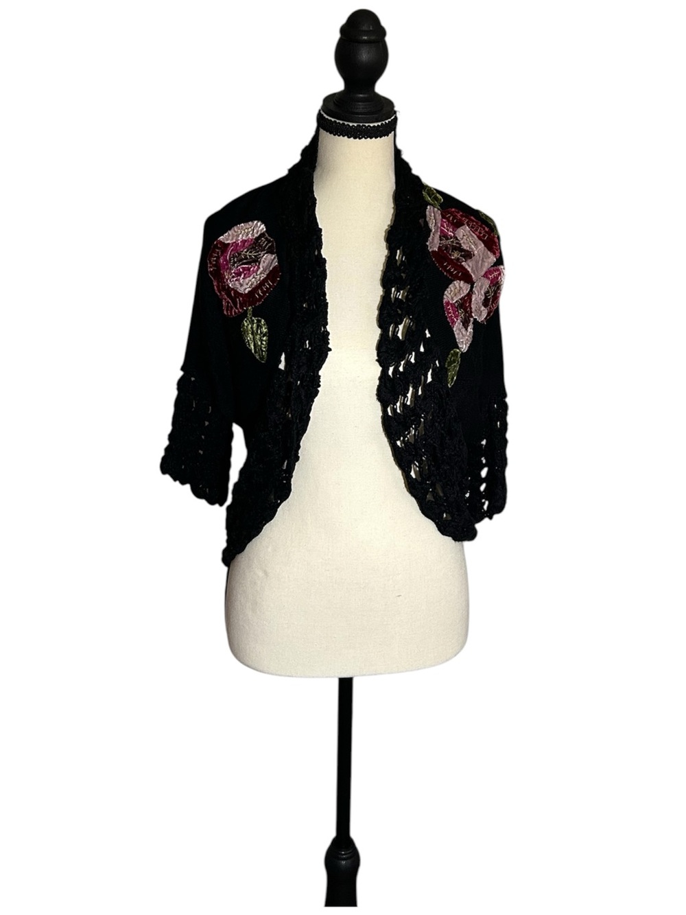 Central Park West Black Crochet Shrug Sweater with Rose Appliqué Silk Cashmere L